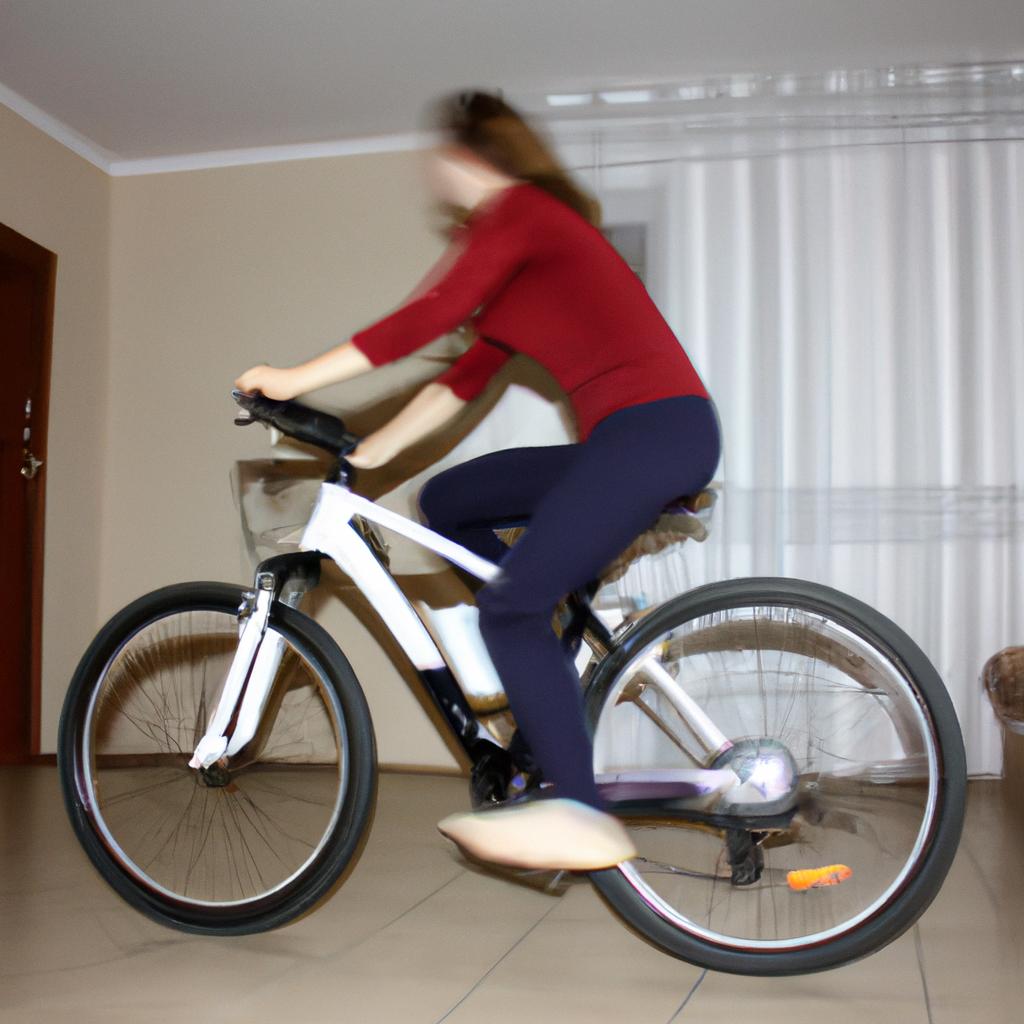 Person riding bicycle in apartment