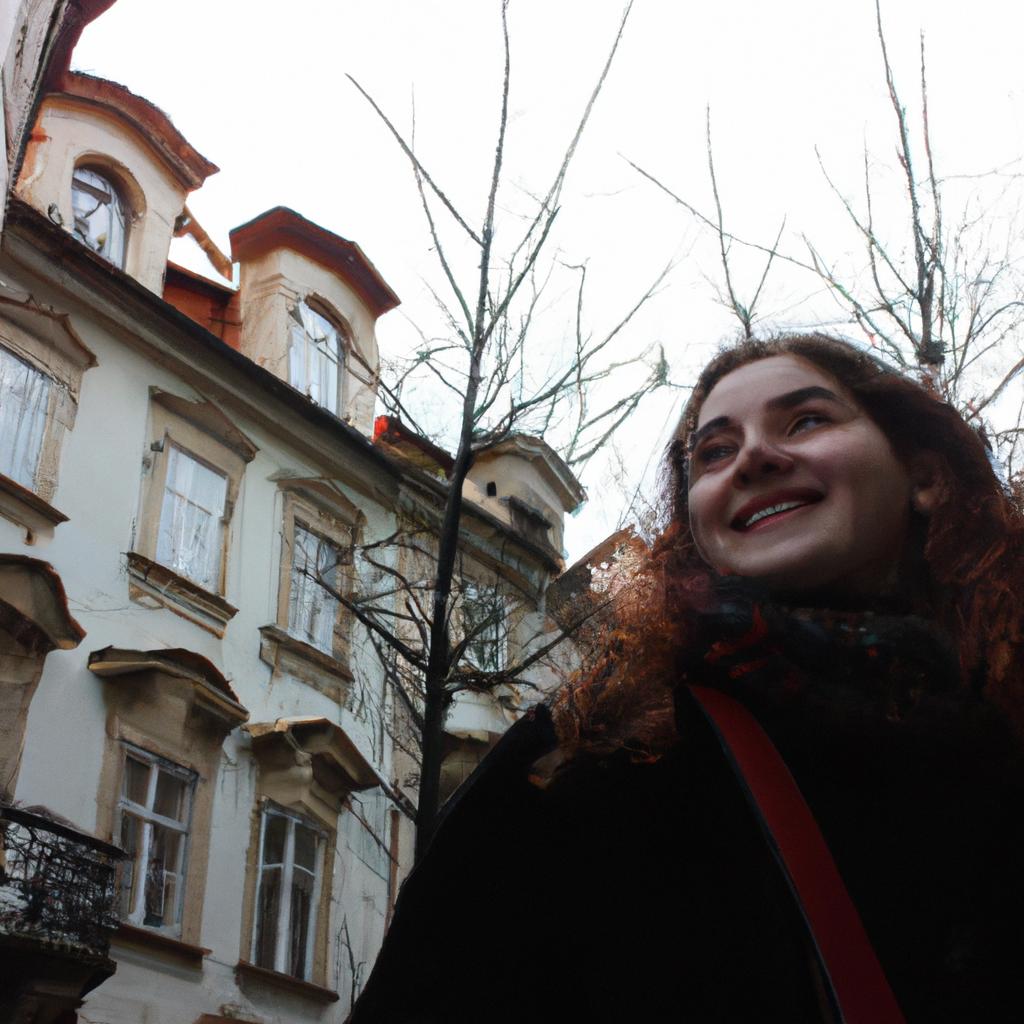 Person exploring Prague neighborhoods, smiling